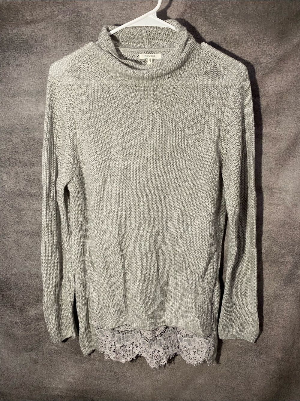 Maurices Silver Metallic Knit Lace Hem Mock Neck Sweater Small